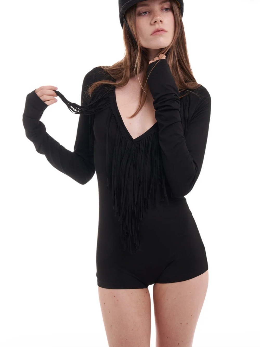 Black Long-Sleeve Fringe Romper Bodysuit - Women